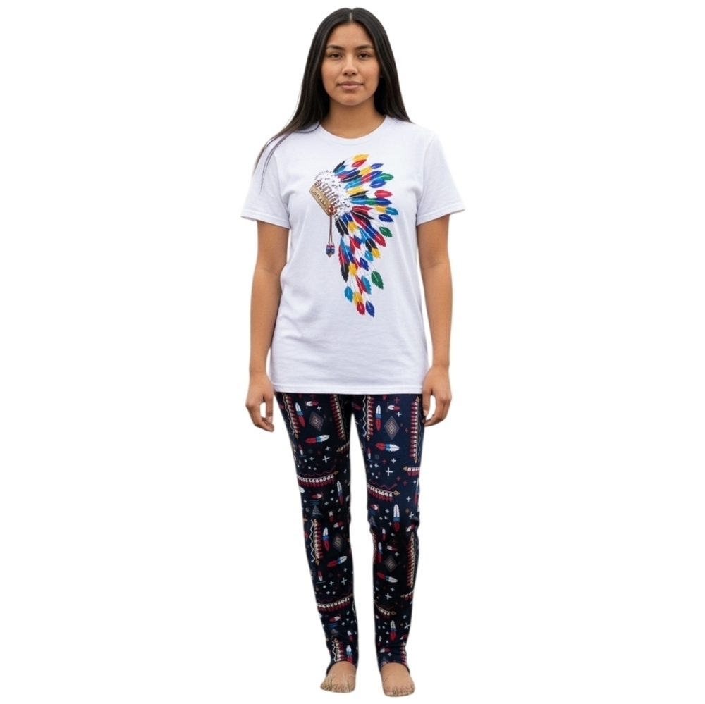 Vintage Native American Style Beaded Headdress Tee & Tribal Stirrup Pants Set M